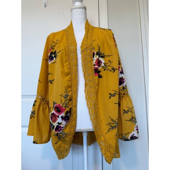 Bohemian Floral Kimono Cardigan 3XL Yellow With Lace Trim Bell Sleeves Boho Bold - Picture 1 of 8